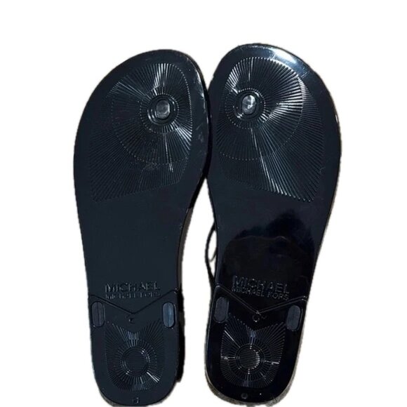 Michael Kors Lillie Jelly Thong Flat Sandal Black Gold Medallion Logo Sz 8  NWB - Picture 5 of 6